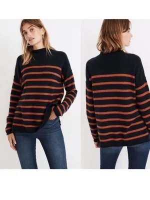 Madewell Striped Whitworth Mockneck Sweater Merino Wool Alpaca Blue Orange thumbnail 2