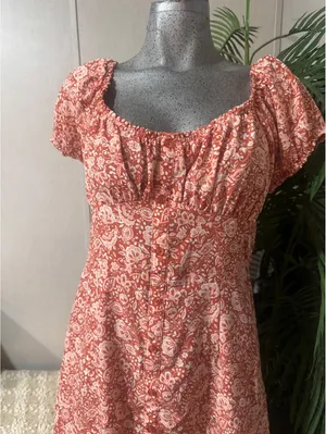 Trixx Short Sleeve Above Knee Mini Dress Red Tan Floral Womens Size L thumbnail 2