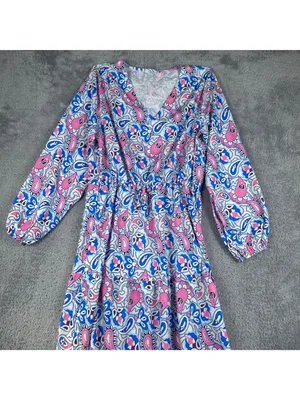V-Neck Paisley Print Maxi Dress With Long Sleeves Pink & Blue Lightweight Fabric thumbnail 9