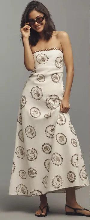 Kivari • Anthropologie Ciao Strapless Maxi Dress white linen print rickrack thumbnail 1