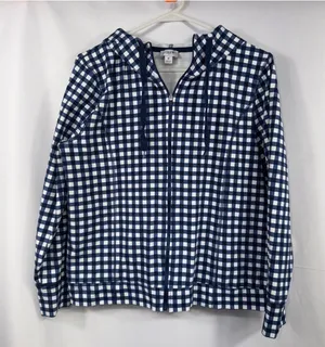 J.Crew Navy White Gingham Full Zip Hoodie Women’s Medium thumbnail 1
