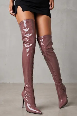 Steve Madden Viktory Mauve Pink Patent Over The Knee Stiletto Boots Size 9.5M thumbnail 1