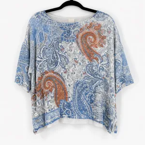Chico's Paisley Knit Top Size L Blue Orange Button Detail‎ Boho Boxy Beachy thumbnail 1