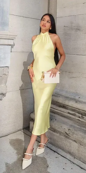 Zara butter Yellow Backless Halter maxi Dress holiday evening wedding thumbnail 4