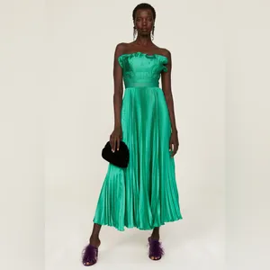 AMUR Giada Dress,‎ Green Satin Pleated, Size 2 thumbnail 3