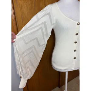 Flying Tomato Cream Ribbed Knit Top Gold Crest Buttons Lace Balloon Sleeve M thumbnail 3