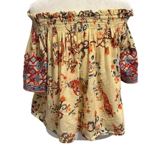 MIRA Size M Off the Shoulder Shirt Top Floral Print Boho Embroidered 100% Cotton thumbnail 3