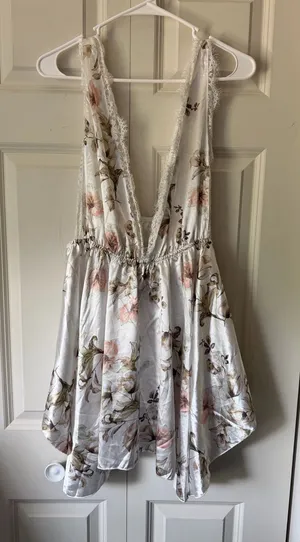 Floral Deep-V Satin Women’s Tank Top - White with Pink & Green Floral thumbnail 1