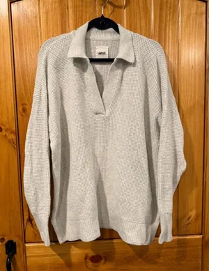 aerie Light Gray Waffle-Knit Pullover Sweater thumbnail 1