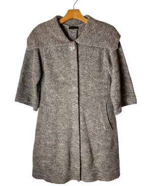 Bask Sweater Women Small Brown Ivory Knit Collared Snap Long Line Cardigan‎ thumbnail 1