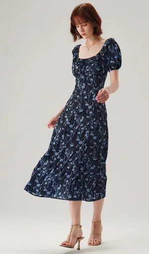 RIHOAS Navy Floral U-Neck Puffed-Sleeve Maxi Dress thumbnail 2