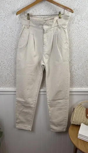 Sezane Francky Ecru Cream Peated Front Wide Band Trousers - Size - 29 thumbnail 1