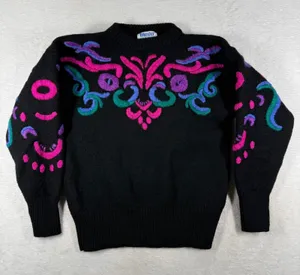 Meister Vintage 80s 100% Wool Black Abstract Embroidered Crew Neck Sweater Small thumbnail 1