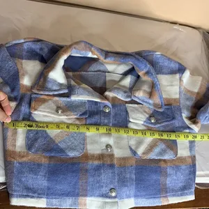 Plaid Print Drop Shoulder Crop Overcoat Size Large Blue thumbnail 10