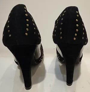 Mochi Faux Suede Elegant Studded Transparent Sides Black and Gold Heels thumbnail 3