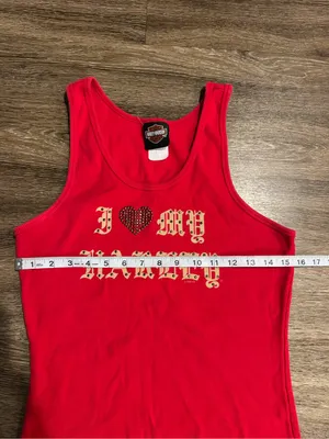 Harley Davidson Red Ribbed sleeveless tank top XL Y2K Rhinestone Heart Biker thumbnail 4