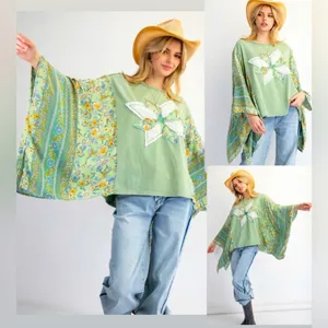 Easel Top Green Floral Patchwork Star‎ Boho Dolman Sleeve Womens Small thumbnail 2