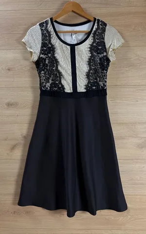 Elegant Black and Cream Lace-Trim Fit & Flare Midi Dress NY Collection XS thumbnail 1