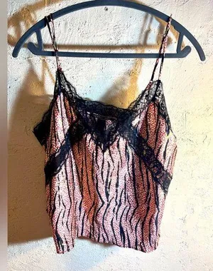 Victoria's Secret Strappy Camisole Lace Trim Tank, lovely print w black lace XL thumbnail 1