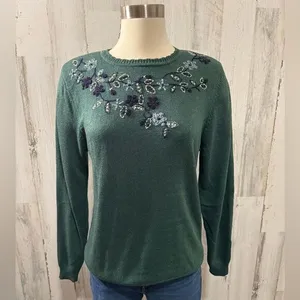 Vintage Beaded Floral Knit Sweater Green Embroidered‎ Pullover small thumbnail 13
