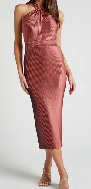 Showpo Marlette Midi Dress - Pleated Open Back Halter Dress in Rust thumbnail 1