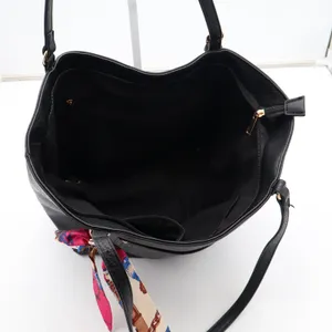 Black Faux Leather Tote Bag with Scarf Accent Gold Hardware Large Shoulder Purse thumbnail 4