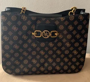 GUESS Black and Brown Monogram Chain-Handle Tote thumbnail 1