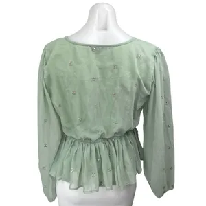 Lulus Green Long Sleeve Embellished Faux Wrap V Neck Peplum Blouse Top Size M thumbnail 2
