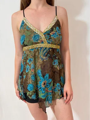 Y2K Floral Gold Embellished Brown and Blue Fairy Cami Tank Top thumbnail 6