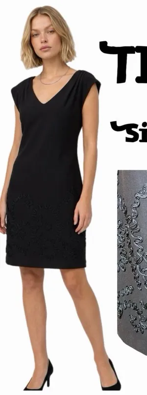 TIANA B. Black Floral Ribbon Appliqué V Neck Shift Dress Medium thumbnail 1