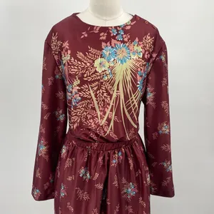 Vintage 70s Floral Print Matching Skirt Set Button Neck Tunic Midi Maroon Small thumbnail 4