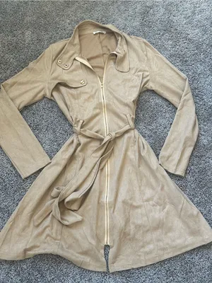 Long Sleeve Tan Belted Trench Dress thumbnail 2