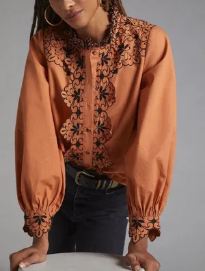 Anthropologie Scalloped Embroidered Buttondown Shirt, Size 8 thumbnail 2