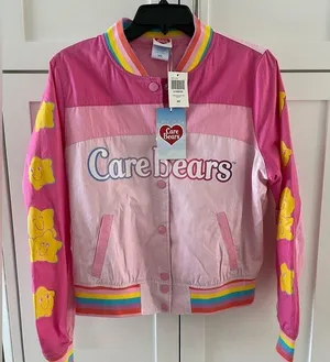 Hot Topic CARE BEARS Rainbow Varsity Bomber Racing Jacket Girls Juniors Size Medium NEW thumbnail 1