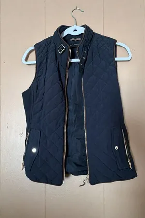 Zara Woman Navy Blue Quilted Vest Gold Hardware Faux Leather Trim Size S thumbnail 1