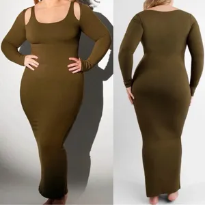 SHAPELLX Long‎ Sleeve Cut-Out Ribbed Shapewear Maxi Dress in Olive Green Size M thumbnail 3