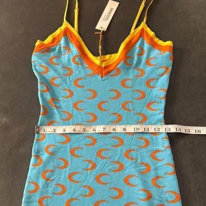 Women’s Blue BodyCon Mini Dress Crescent Pattern Adjustable Straps Size M NWT thumbnail 7