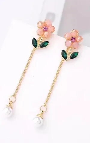 Crystal Flower Chain Tassel Pearl Drop Stud Earring Gold thumbnail 2