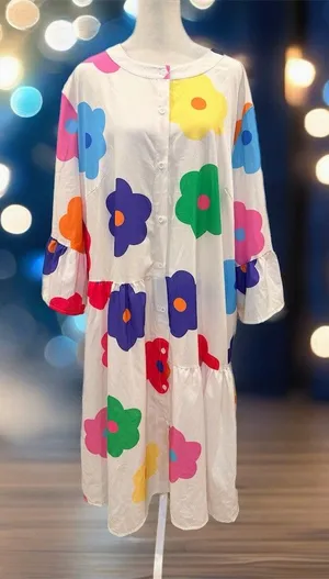 Handmade Dress Women’s M Multicolor Floral Tiered Midi Button Front Bell thumbnail 1
