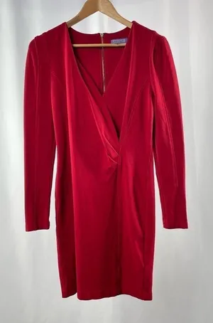 Vivienne Vivienne Tam Long Sleeve V Neck Bodycon Dress in Red Size Medium‎ thumbnail 1