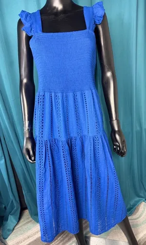 Grace+Karma Blue Smocked Eyelet Midi Dress Ruffle‎ Strap XL thumbnail 1