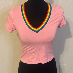 Pink V-Neck Rainbow Trim Women's Top heart and hips size medium pride thumbnail 1