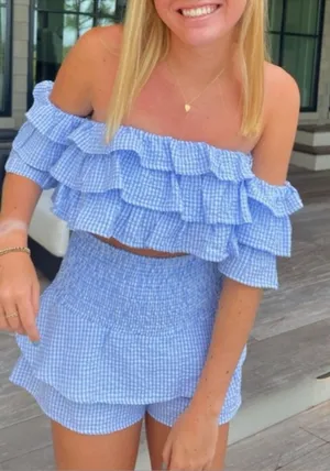 Illa Illa Blue White Gingham Ruffle Off The Shoulder Two Piece Short Set Medium thumbnail 1