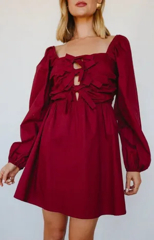 Le Lis Size XS Pink Puff Long Sleeve Square Neck Bow Tie Dress thumbnail 1