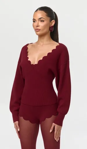 Naked Wardrobe Ribbed-Knit V-Neck Scallop Sweater & Shorts Set - Red thumbnail 1