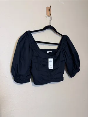 Abercrombie & Fitch Square Neck Ruched‎ Puff Sleeve Top Black Size Small NWT thumbnail 4