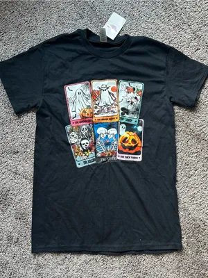 Gildan Black Halloween Tarot Card Graphic Tee thumbnail 1