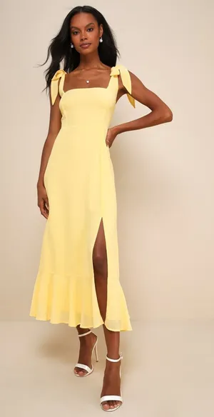 NWT Lulus Summer Invite Yellow Tie-Strap Tiered Midi Dress Ruffled Gala Size M thumbnail 1
