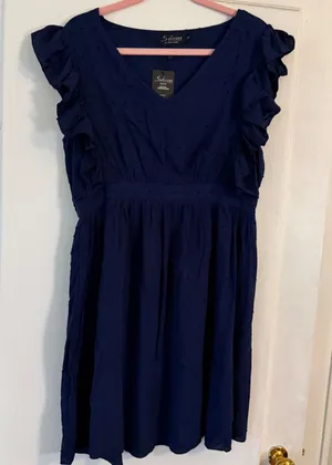 Solersun Womens Navy Blue Swiss Dot‎ Ruffle Sleeve V-Neck Mini Dress Large NWT thumbnail 1