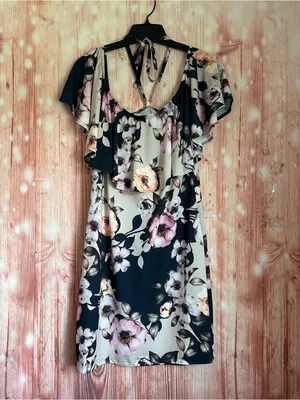 Venus Navy Blue Halter Pink Floral Flounce Top Mini Dress Size L thumbnail 8